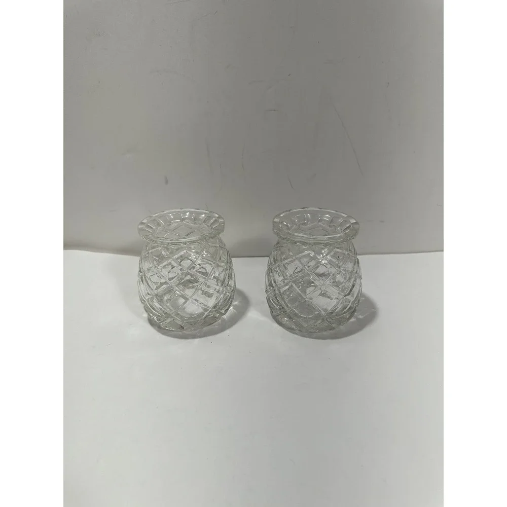 Set of 2 Pineapple‎ Cut Glass Sphere Vase Votive Candle Holder 3.6
